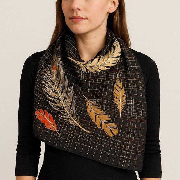 Vintage 1976 Totes Rain Scarf Water Repellent Feather Print Black Gold Red Japan - Picture 5 of 5